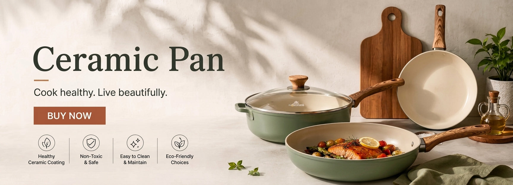 Ceramic pans with wooden handles on a neutral background, featuring text about health benefits and product features.
